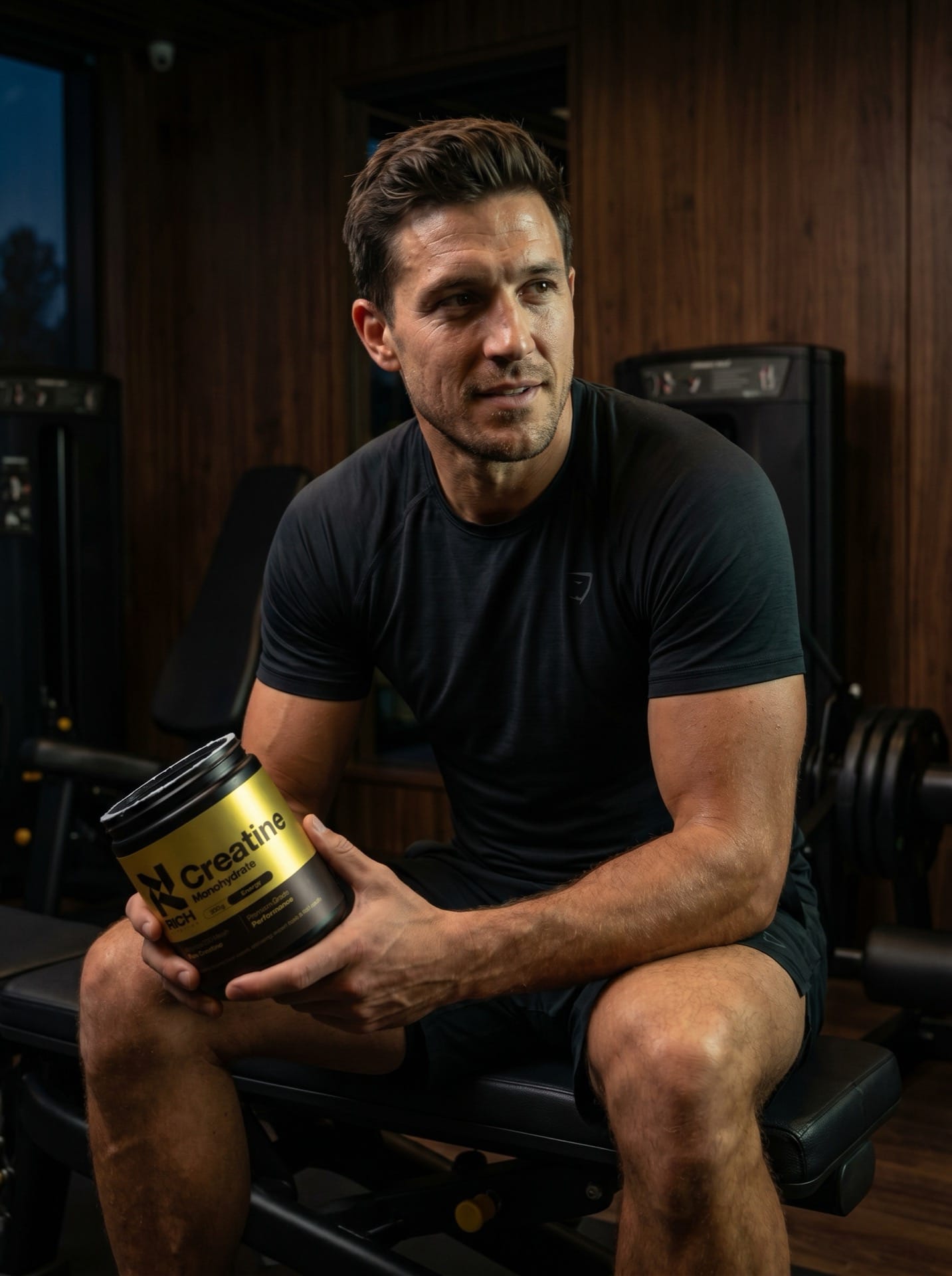 Gespierde man houdt RichNutrition Creatine Monohydrate vast in gym