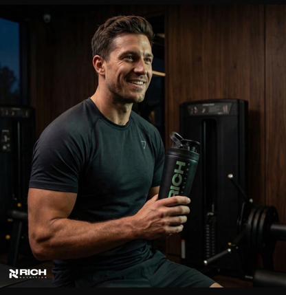 Man houdt RichNutrition zwarte steel shaker vast in gym