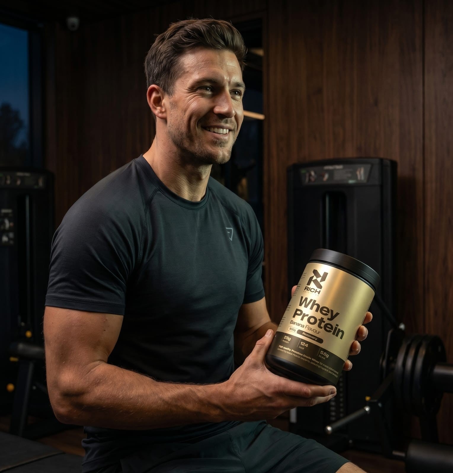 Man houdt RichNutrition Whey Protein Banana vast in gym