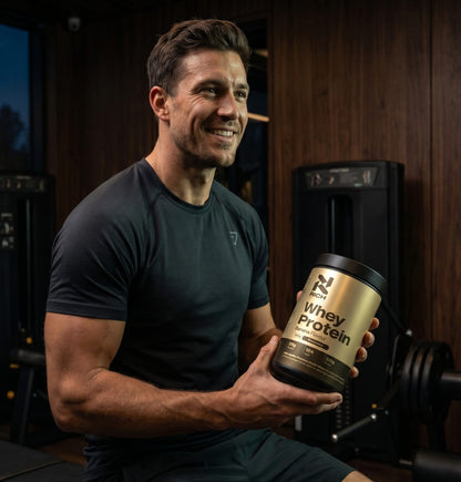 Man houdt RichNutrition Whey Protein Banana vast in gym